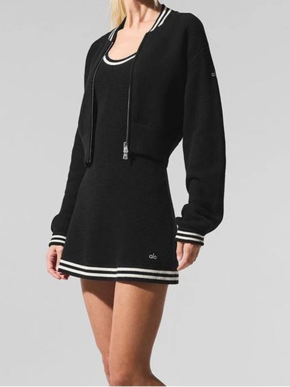ALO Yoga Black Tennis Club Sweater Full Zip Jacket